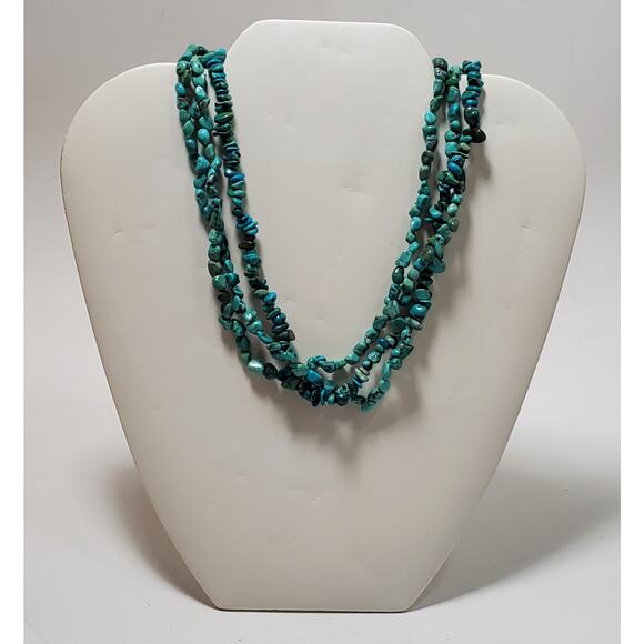 Turquoise Nugget Chip Triple Strand Sterling Silver Necklace 17" - Picture 1 of 5